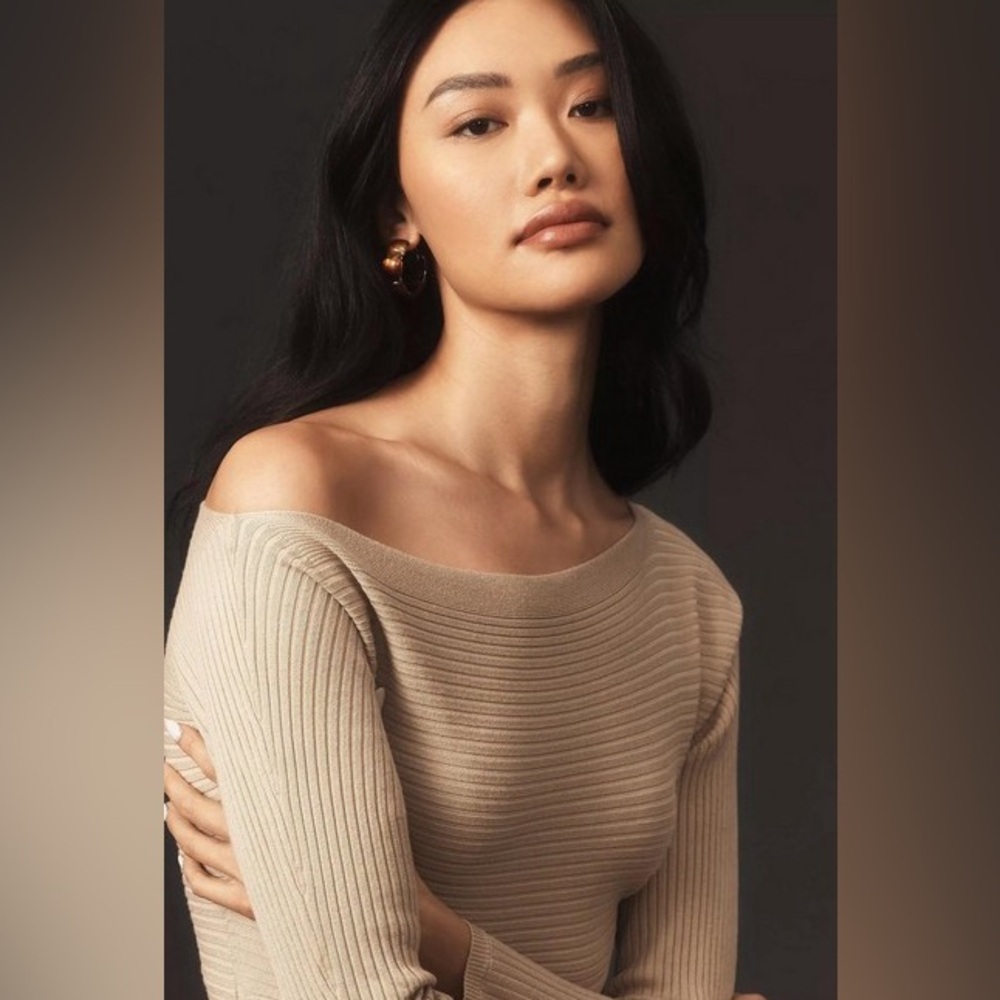 Anthropologie Petites Off-the-Shoulder Slim Knit Midi Dress Taupe Size SP - Picture 2 of 14